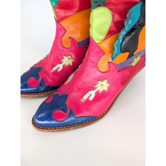 VTG Zalo Multicolor Leather Fringe Cowboy Boots 6.5 Western Boho Festival Art